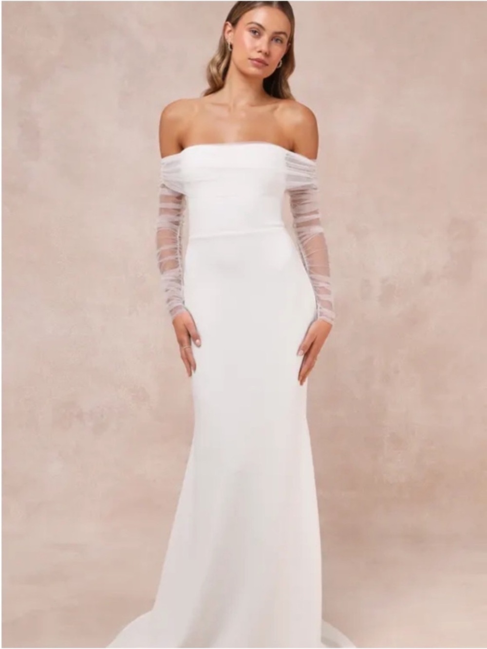 New Lulus Beautifully Beloved Elegant Off-Shoulder Gown Long Sleeves Sz Medium - Picture 4 of 9